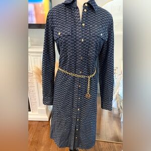 Michael Kors Blue Long Sleeve Notched Collar Shirt Dress
